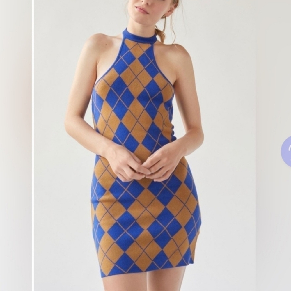 Urban Outfitters UO Y2K 90s Argyle Halter Charlie Knit Mini Sweater Dress EUC